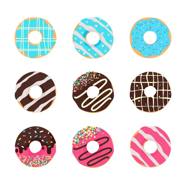 多努特矢量圈甜甜圈色彩艳丽的洞覆盖着美味的巧克力 — 图库矢量图片