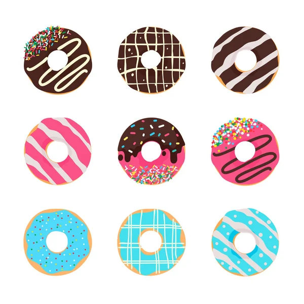 多努特矢量圈甜甜圈色彩艳丽的洞覆盖着美味的巧克力 — 图库矢量图片