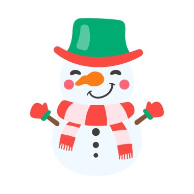 Kardan adam çizgi film vektörü. Kartopları Kardan Adam 'a dönüştü. Noel için kış süveterleriyle süsleyin..