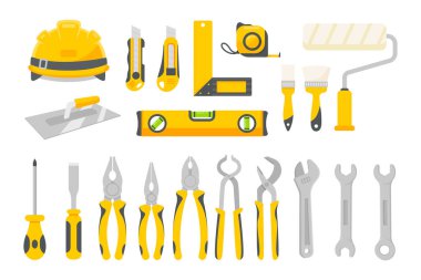 Mekanik araç ayarlı vektör. Beyaz arkaplanda izole edilmiş ev onarımları için inşaat araçları