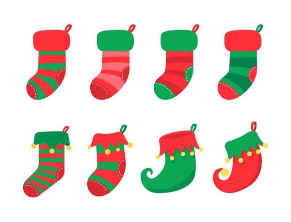 Різдвяні Шкарпетки Червоні Зелені Шкарпетки Різними Візерунками Різдвяних Прикрас — стоковий вектор