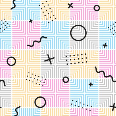 Modern, Kusursuz Geometrik Şekiller ve Çizgiler Deseni. Memphis deseni. Basit düz stil. Minimalizm. Vektör