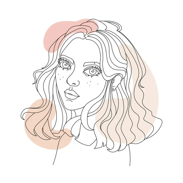 Ilustrace ženy Tvář na bílém pozadí. Nakresleno s osnovou a čarami. Krásná a mladá žena — Stockový vektor