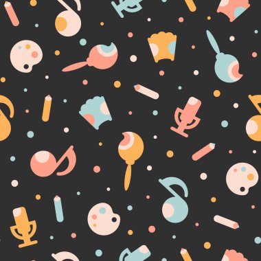 Karanlık Bir Arkaplanda Yaratıcılığın Nesneleri 'nden kusursuz desen. Fırça ve Palet, Akordiyon, Mikrofon, Not ve Kalem. Arkaplan tasarımı. Basit düz stil. Yaratıcılık konsepti. Vektör illüstrasyonu