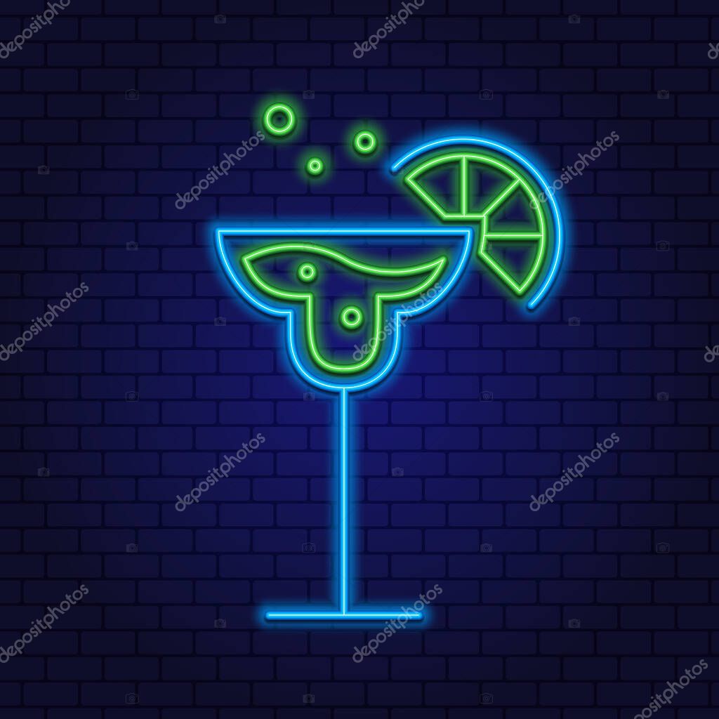 Cocktail Margarita Neon Design Element. Glass of Cocktail with Lime. Cocktail Bar, Pub. Popular Alcoholic cocktail. Glowing Vector illustration of Drinks promotion.