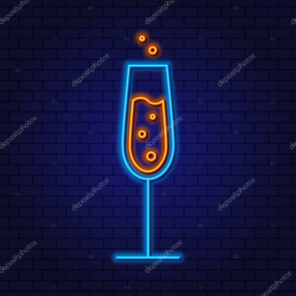Glass of Champagne Neon Design Element. Carbonated Wine. Holiday Concept. Christmas Toast. New Year party. Glowing Vector Illustration