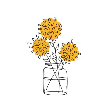 Yellow Abstract Flowers in a Transparent Vase. Chrysanthemums in a Glass Vase. Doodle style, thin line. Flat cartoon Vector illustration. Illustration for the site, postcards.