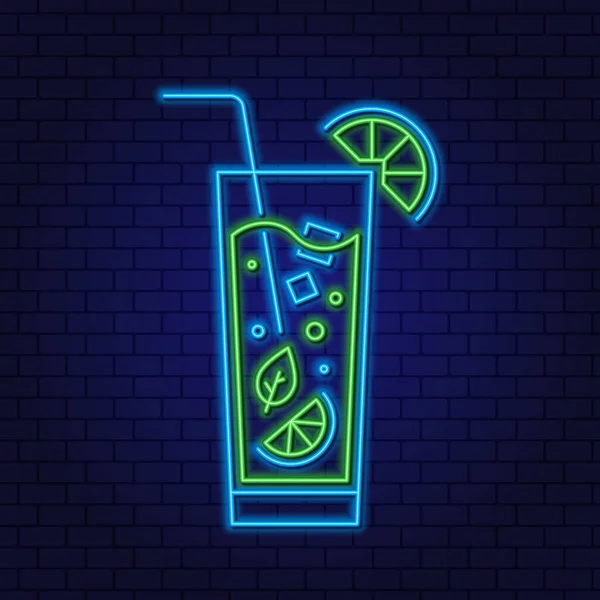 Mojito Cocktail Neon Design Element. Koktajl z mięty, wapna i lodu. — Wektor stockowy