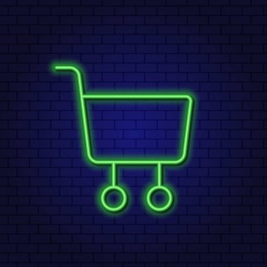 Dükkandaki alışveriş arabası. Satın al. Online Store için alışveriş arabası. Neon Lineer Tasarım Elemanı. Parlayan vektör işareti.