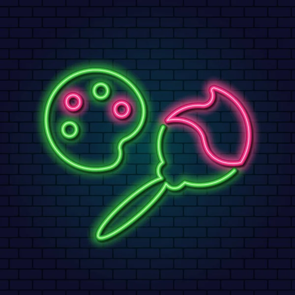 Tavolozza al neon con colori e pennelli. Emblema — Vettoriale Stock