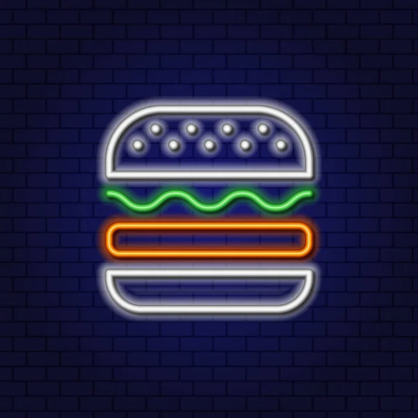Hamburger al neon con costoletta, lattuga e panino al sesamo. Concetto fast food. Elemento di design lineare al neon luminoso su uno sfondo scuro. — Vettoriale Stock