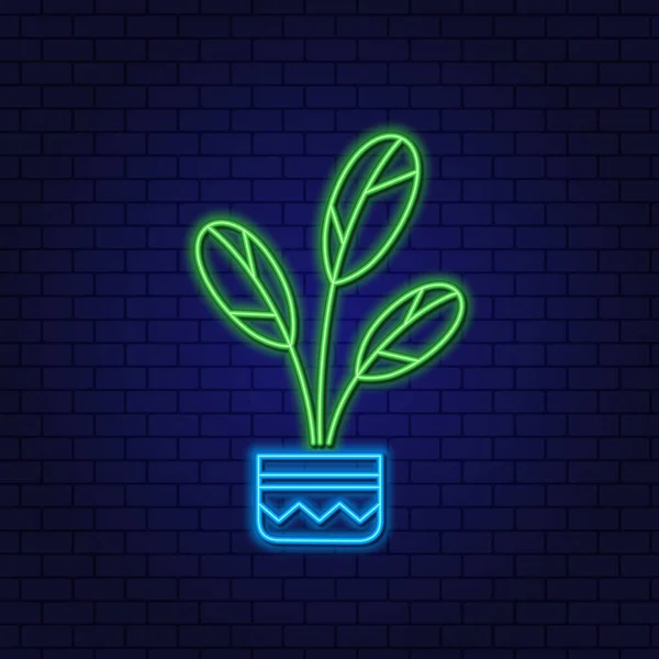Neon segno Home Pianta con grandi foglie in un vaso. Emblema per il negozio di fiori. Elemento di design lineare al neon luminoso su uno sfondo scuro. — Vettoriale Stock