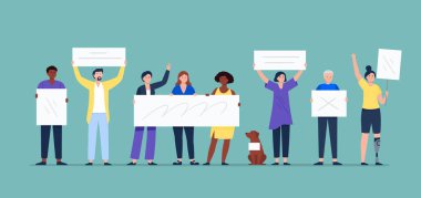 Protesto pankartları tutan insanlar. Çeşitli politik aktif insanlar bir mitinge katılıyor, protesto ediyorlar. Grevler, dünya çapında protestolar. Vektör düz resimleme. 