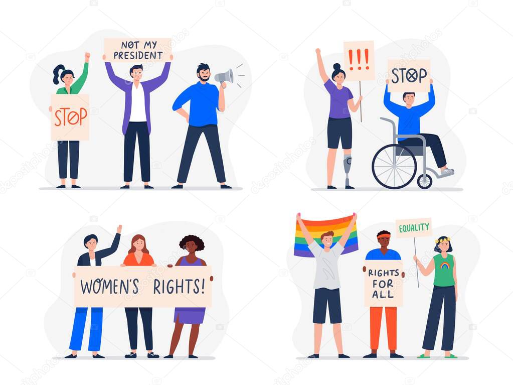 A set of different protest people with banners. Protest against political candidates, president. People advocate for the rights of LGBT, women, persons with disabilities. Vector flat illustration. 