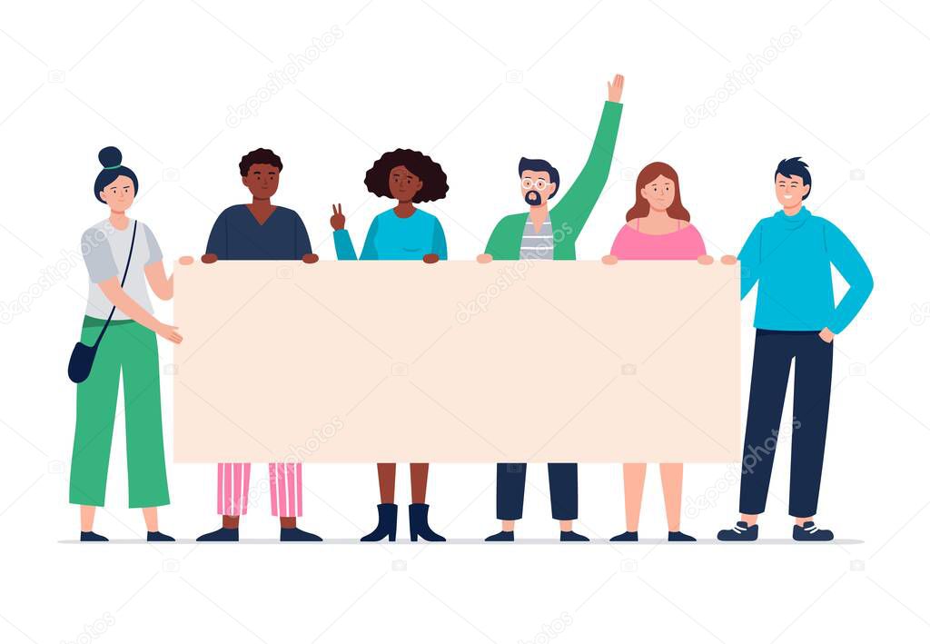 Protesting people holding a blank placard. Young and modern activists on parade or political meetings standing together. Expression of political, social position. Vector flat illustration. 