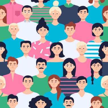 Renkli giysiler içinde bir grup genç. Bir grup şık insan bir arada duruyor. Toplum, nüfus, sosyal çeşitlilik. Kusursuz vektör deseni. 