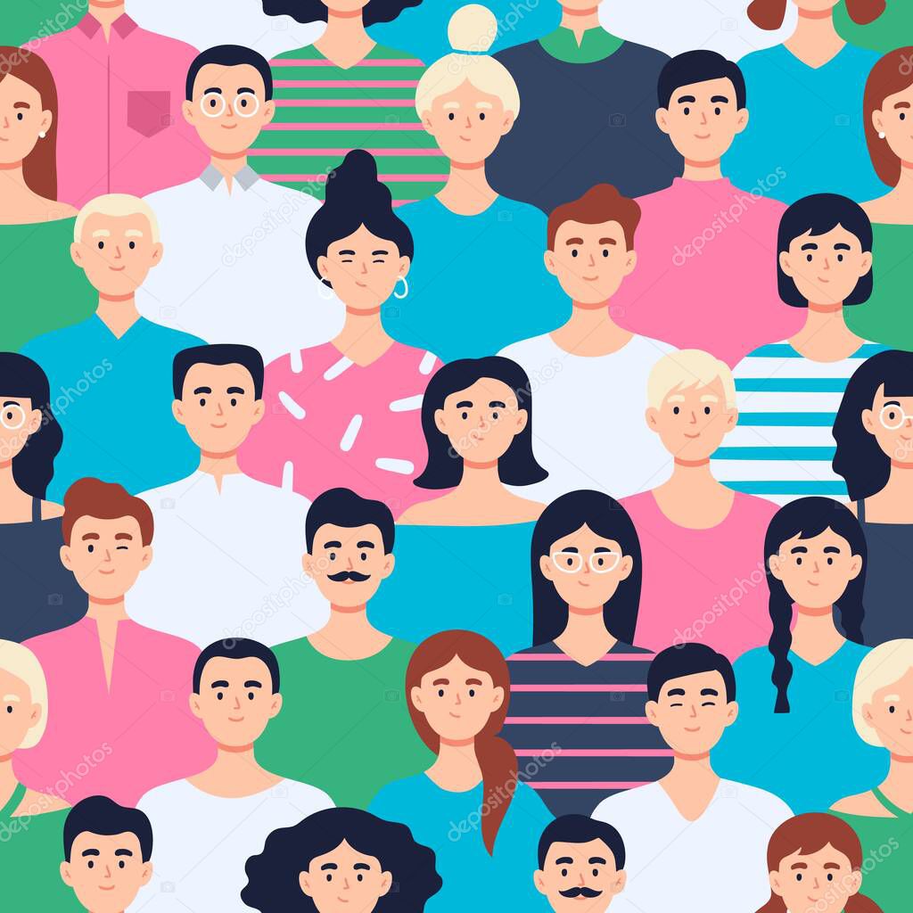 A crowd of young people in colorful clothes. A diverse group of stylish people standing together. Society or population, social diversity. Seamless vector pattern. 