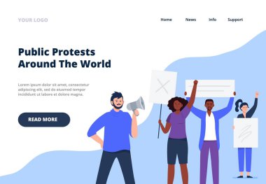 İniş sayfasını protesto. Pankartlı insanlar, megafonlu eylemcileri protesto ediyorlar. Grevler, dünya çapında protestolar. Politik ve sosyal konumun ifadesi. Vektör düz resimleme. 