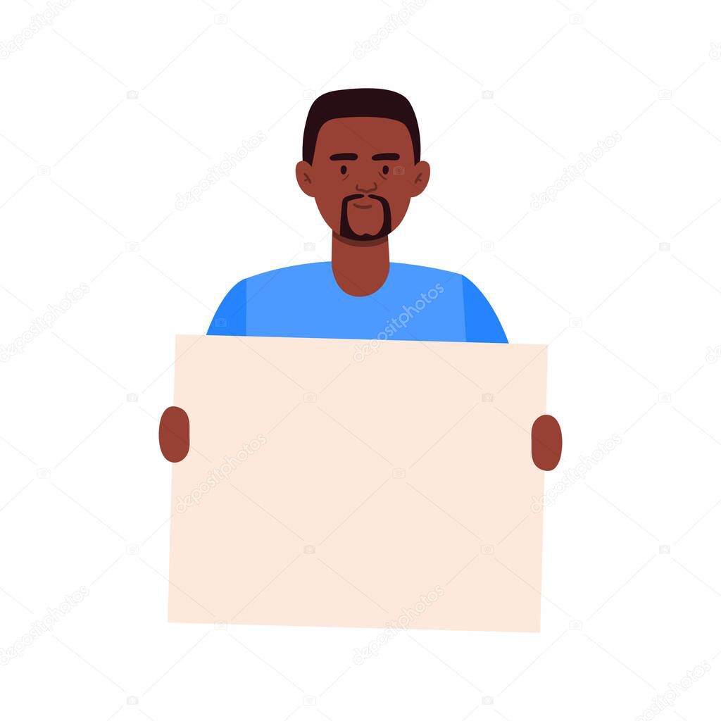 An African-American man holding a blank poster. Cartoon character showing a blank banner. Vector flat illustration. 