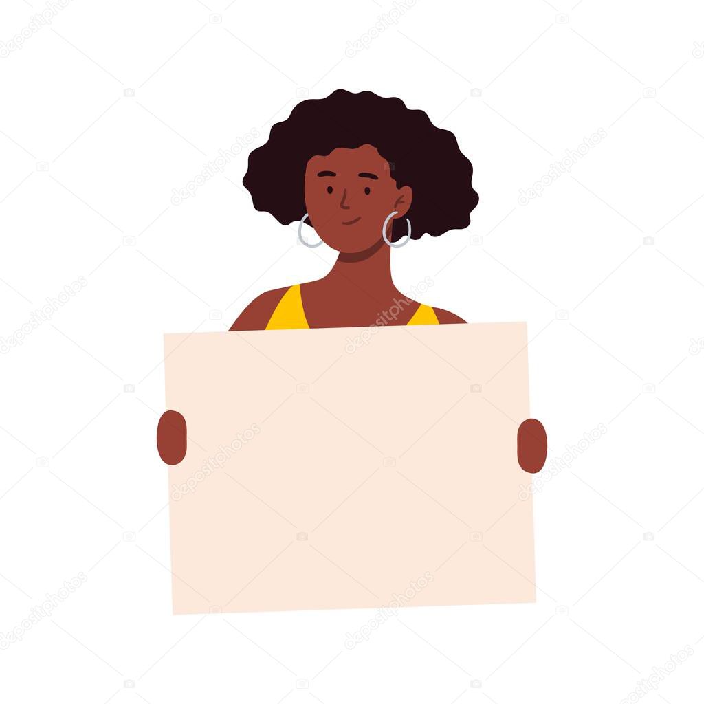 An African-American woman holding a blank poster. Cartoon character showing a blank banner. Vector flat illustration. 