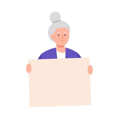 Elinde boş bir poster tutan yaşlı bir kadın. Çizgi film karakteri boş afiş gösteriyor. Vektör düz resimleme. 