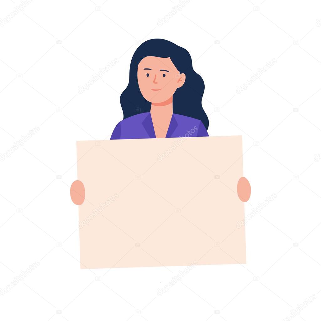 A young woman holding a blank poster. Cartoon character showing a blank banner. Vector flat illustration. 