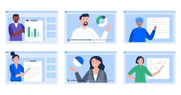 Utbildning på nätet. Webinar, online konferenser, föreläsningar och utbildning. Folk som undervisar på nätet. Vektor platt illustration. — Stock vektor