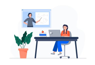 Küçük bir kız video dersleri izliyor. Çevrimiçi eğitim, e-öğrenme, evde eğitim. Vektör düz resimleme.