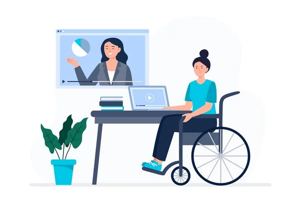 Uma mulher na cadeira de rodas assiste a aulas de vídeo. Educação online, e-learning, estudar em casa. Ilustração plana vetorial. —  Vetores de Stock
