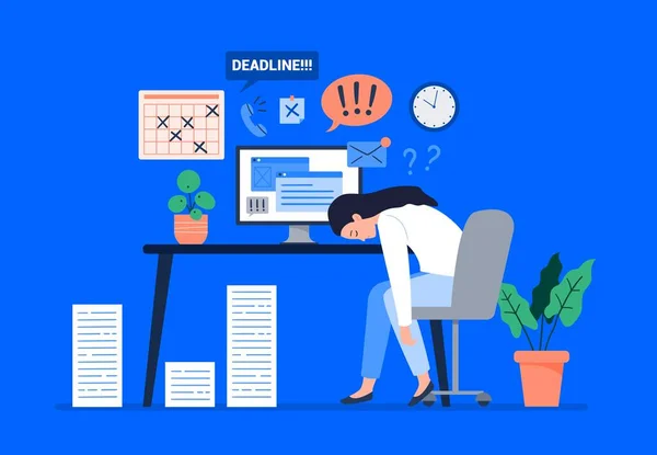 Una mujer agotada duerme detrás de su escritorio. Burnout en el trabajo, trabajo en casa, teletrabajo, freelance. Ilustración plana del vector. — Vector de stock
