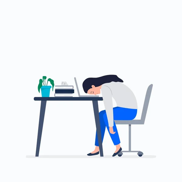 Una joven agotada en el trabajo. Burnout en el trabajo, trabajo en casa u oficina, teletrabajo, freelance. Ilustración plana del vector. — Vector de stock