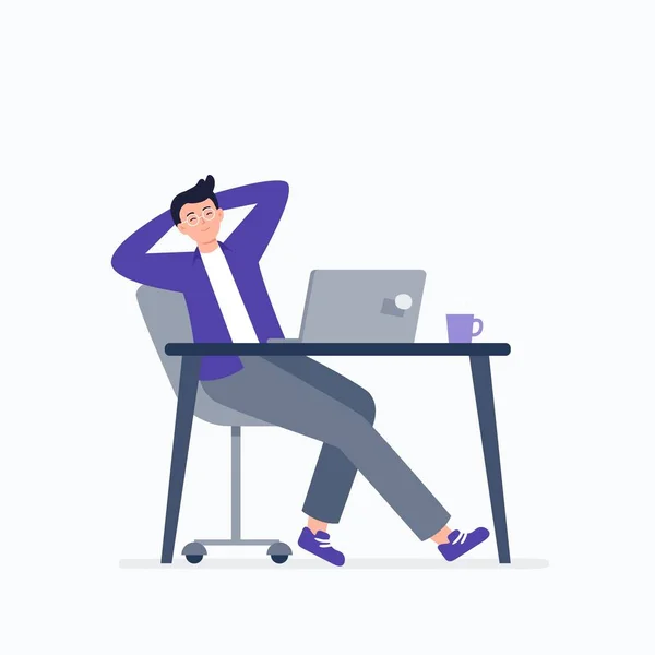 Un uomo d'affari che si addormenta al lavoro. Procrastinazione. lavoro a casa o in ufficio, telelavoro, freelance. Illustrazione piatta vettoriale. — Vettoriale Stock