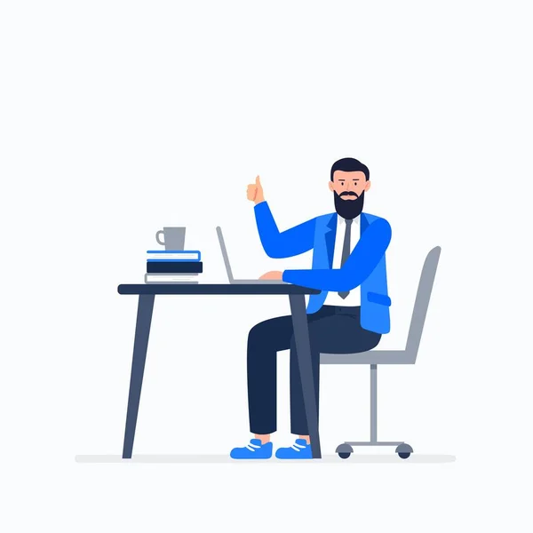 Happy businessman at work. Productivity at work, working at home or office, telework, freelance. Vector flat illustration. — Stock Vector