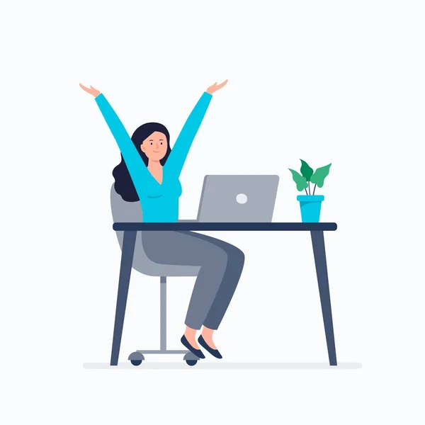 Glad affärskvinna på jobbet. Produktivitet i arbetet, arbete hemma eller på kontoret, distansarbete, frilans. Vektor platt illustration. — Stock vektor