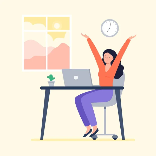 Een energievrouw begint 's morgens met werken. Thuis werken, telewerken, freelance. Vector platte illustratie. — Stockvector