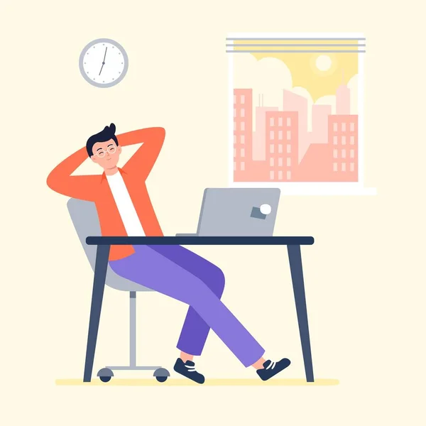 En trött man börjar jobba på morgonen. Jobbar hemma, distansarbete, frilans. Vektor platt illustration. — Stock vektor