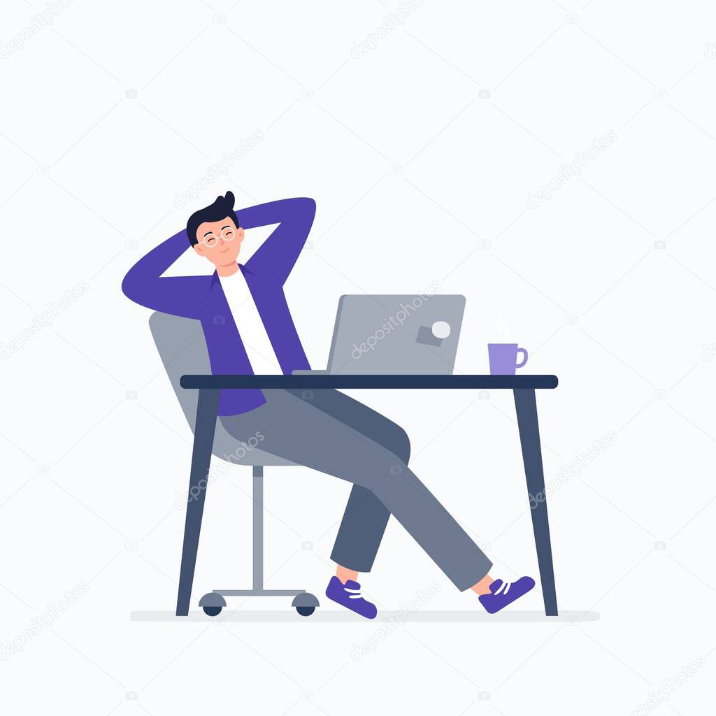 Businessman falling asleep at his work. Procrastination. working at home or office, telework, freelance. Vector flat illustration.
