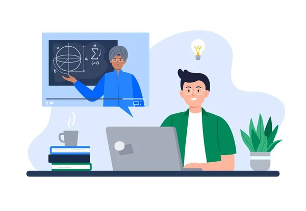A Man Watches Online Course. Online Education, E-learning, Studying at Home, Tutorials. Vector Flat Illustration. — Wektor stockowy