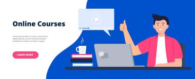 Uzaklık Eğitimi temalı bir site afişi. Çevrimiçi eğitim, E-öğrenim, Evde Öğrenim, Eğitim. Vektör Düz Çizim.