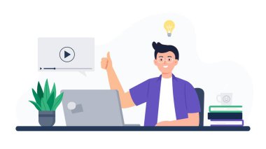 Mutlu Bir Adam Çevrimiçi Rotayı İzliyor. Çevrimiçi eğitim, E-öğrenim, Evde Öğrenim, Eğitim. Vektör Düz Çizim.