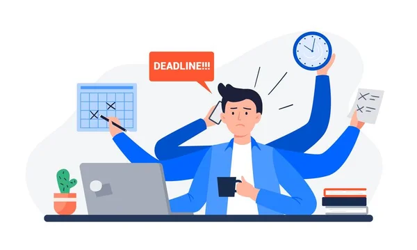 Een vermoeide man die een deadline mist. Een kantoormedewerker Overweldigd door werk, rapporten en oproepen. Vector Vlakke illustratie. — Stockvector