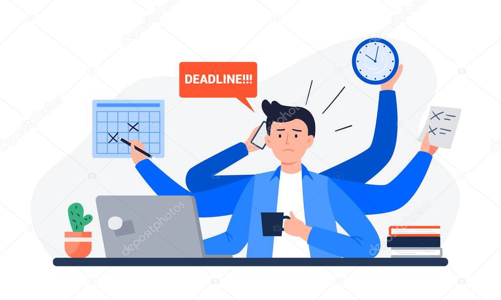 A Tired Man Missing Deadline. An Office Worker Overwhelmed by Work, Reports, and Calls. Vector Flat Illustration.