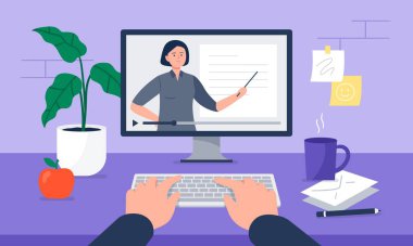 Kahve, bitki, gazete ve bilgisayar monitörlü bir işyeri. Video izlemek, kurs, webinar, online özel dersler. Vektör düz resimleme.