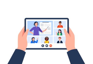 Öğretmen ve sınıf arkadaşlarıyla görüntülü görüşme. Bir salgın sırasında eğitim için dijital tablet kullanmak. Vektör düz resimleme.