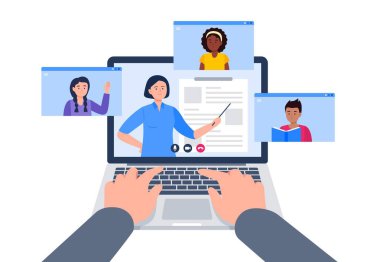 Öğretmen ve sınıf arkadaşlarıyla görüntülü görüşme. Salgın sırasında eğitim için dizüstü bilgisayar kullanmak. Vektör düz resimleme.