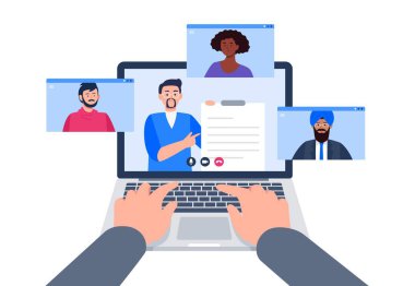 Bir grup öğrenci çevrimiçi çalışıyor. Salgın sırasında eğitim için dizüstü bilgisayar kullanmak. Vektör düz resimleme.