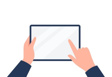 Bir el boş bir tablet ekranına dokunuyor. Dijital tablet bilgisayar kullanarak. Vektör düz resimleme.