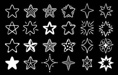 Farklı yıldızların vektör kümesi. El çizimi, karalama elementleri siyah arkaplanda izole.