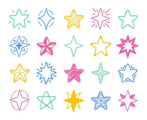 Vector set van sterren vormen. Handgetekende, veelkleurige doodle elementen geïsoleerd op witte achtergrond. — Stockvector