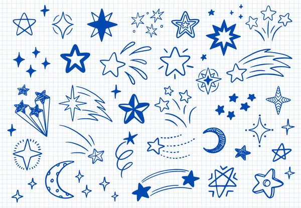 Vectorset van doodle sterren. Design elementen op de papieren achtergrond. — Stockvector